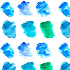 Watercolor seamless  pattern. Abstract watercolor blue and green stains on white.