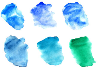 Blue and green watercolor splash, stains, spots isolated on white paper. Textile and fabric pattern, print, background, wallpaper design