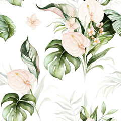 Green tropical leaves and blush flowers on white background. Watercolor hand painted seamless pattern. Floral tropic illustration. Jungle foliage.
