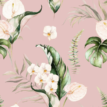 Green tropical leaves and blush flowers on pink background. Watercolor hand painted seamless pattern. Floral tropic illustration. Jungle foliage.