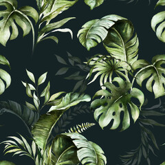 Feuilles tropicales vertes sur fond sombre. Modèle sans couture aquarelle peint à la main. Illustration tropique florale. Feuillage de la jungle.