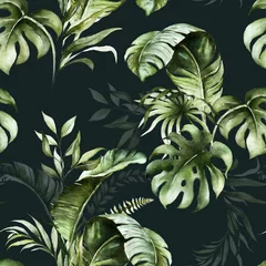 Cercles muraux Bestsellers Feuilles tropicales vertes sur fond sombre. Modèle sans couture aquarelle peint à la main. Illustration tropique florale. Feuillage de la jungle.