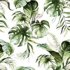 Fototapety  Zielone liście tropikalne na białym tle. Akwarela ręcznie malowany wzór. Ilustracja kwiatowy zwrotnik. Liście dżungli.