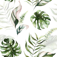 Naklejka na ściany i meble Green tropical leaves on white background. Watercolor hand painted seamless pattern. Floral tropic illustration. Jungle foliage.