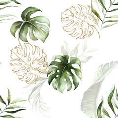 Fototapety  Zielone i złote tropikalne liście na białym tle. Akwarela ręcznie malowany wzór. Ilustracja kwiatowy zwrotnik. Liście dżungli.