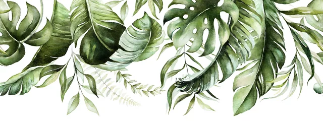 Fotobehang Groene tropische bladeren op witte achtergrond. Aquarel handgeschilderde naadloze grens. Floral tropische illustratie. Jungle gebladerte patroon. © Veris Studio