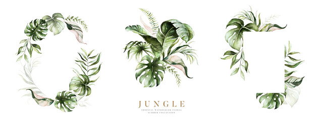 Watercolor floral tropical set. Frame, bouquet, wreath. Flower and green gold leaf branches bouquets collection, for wedding stationary, greetings, wallpapers, fashion, background.