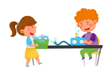 Little Kids Repairing and Fixing Robot Vector Illustration