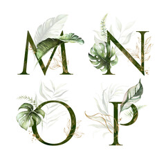 Tropical Green Gold Floral Alphabet Set - letters M, N, O, P with green gold leaves. Collection for wedding invites decoration, birthdays & other concept ideas.