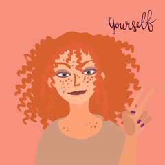 Cartoon woman character with pretty hair. Hair care beauty concept vector illustration. Hand drawn minimal art.