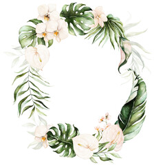 Naklejka premium Tropical exotic watercolor floral wreath. Green leaves, blush flowers. For wedding stationary, greetings, wallpaper, fashion, background. Palm fern banana green leaves.