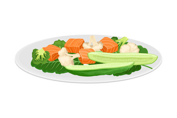 Salmon Pieces Served with Green Vegetables on Plate Vector Illustration