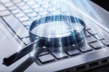 Magnifying glass on laptop computer keyboard