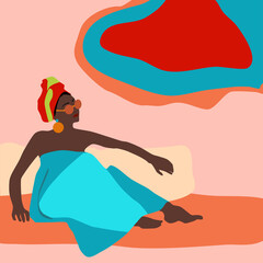 Young african woman relaxing in beach blue traditional dress.Lady with head scarf. Hand drawn vector trendy colorful illustration with abstract background. Fashion model with sunglasses is sunbathing.