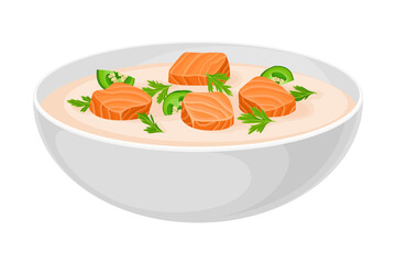 Creamy Soup with Salmon and Pepper Poured in Bowl Vector Illustration