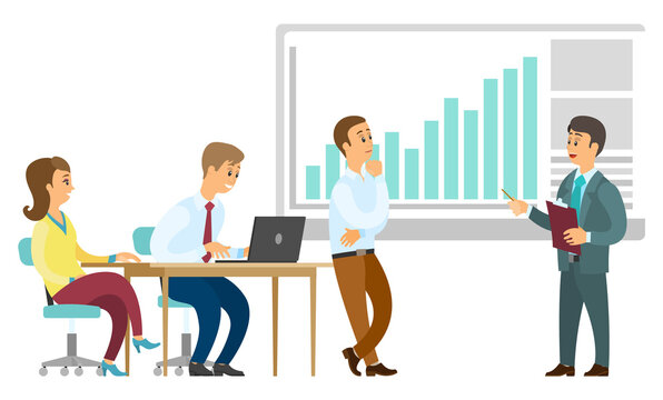 Man and woman discussing work, presenter showing graph report. Man presenting board with chart, people communication with laptop, company investment vector