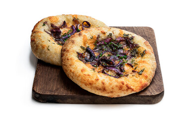 Red Cheddar and balsamic red onion flatbreads isolated on white