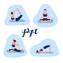 A set of vector illustrations depicting a girl who shows yoga poses. Design for the design of a booklet, flyer, poster.