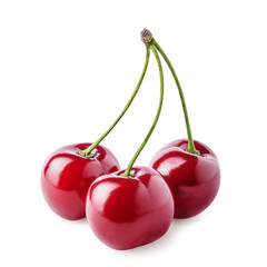 Three cherry fruits with green stem isolated on white background. Clipping path