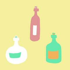 Hand drawn vector illustration of bottles. Collection of colorful glass vials with cork for drink or medicine isolated on yellow background