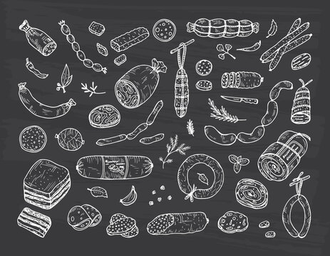 Sausages set. Food. Hand drawn doodle Meat products: Ready sausage, bacon, sliced saveloy, sausage, spicy pepperoni, smoked sausages, stick of salami, baked meatloaf, frankfurters