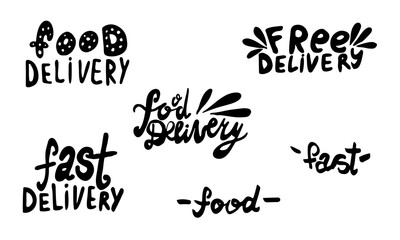 Handwritten vector typography for delivery service. Lettering text isolated on white background. Hand drawn illustration. Collection of monochrome typographic inscriptions. Banner, poster template