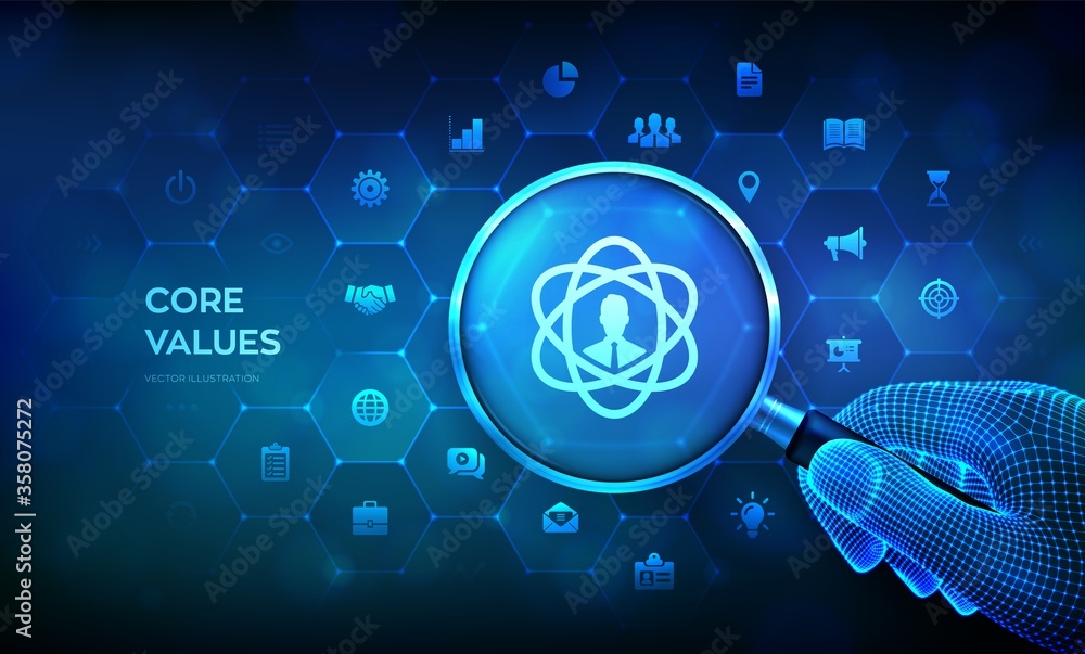 Poster core values. responsibility ethics goals company concept with magnifier in wireframe hand and icons.