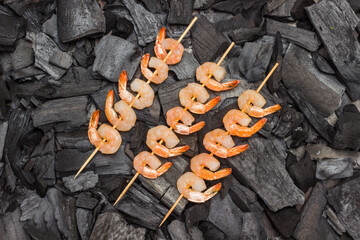 Grilled food. Charcoal skewers shrimps. Grilled food.