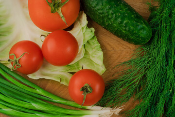 Salad set, tomato, cucumber, onion, dill
