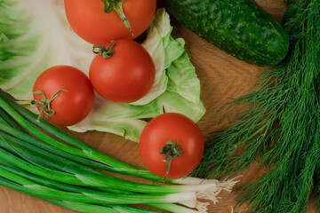 Salad set, tomato, cucumber, onion, dill