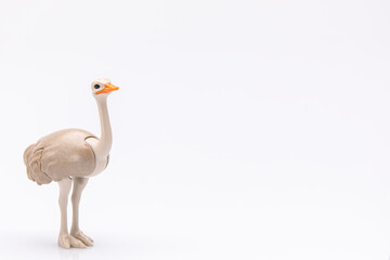 close up of an ostrich head made from a plastic toy isolated on a white background