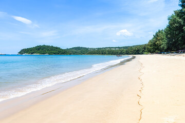 Clean beach on Phuket island in south of Thailand, nature tourist attraction, summer outdoor day light, tropical island