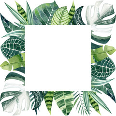 Tropical leaves watercolor square frame with copy space. Trendy outer border for wedding invitations, save the date cards, birthday cards. Hand drawn illustration with jungle foliage.