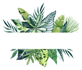 Tropical leaves watercolor rectangular outer frame with copy space. Horizontal border for wedding invitations, save the date cards, birthday cards. Hand drawn illustration. Handmade banner.