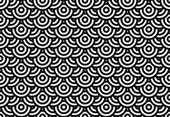 Naklejka premium Overlapping concentric circles in a repeating black and white wave pattern, vector illustration