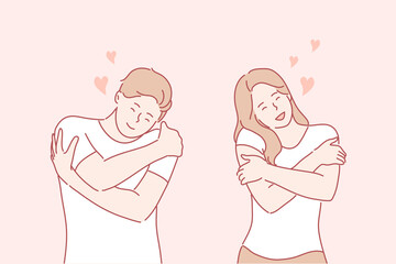 Care, embrace, couple concept. Young happy loving happy man woman boy girl teenagers cartoon character hugging themselves on shoulders. Self caring love or body positive flat vector illustration.