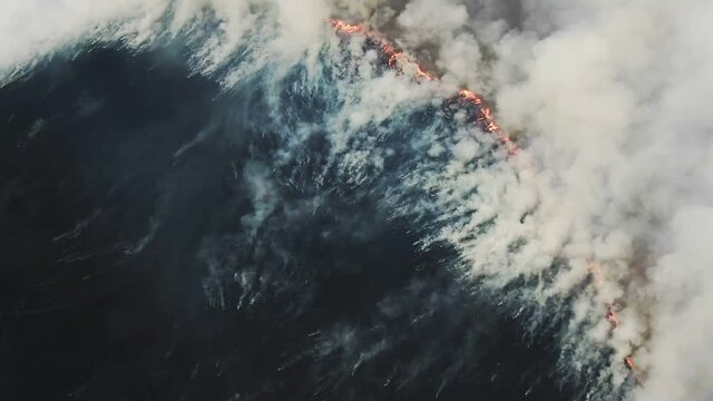 Aerial view of wild fire, burning field. Arson grass in spring, wildfire reason. Deforestation, environmental damage, climate change, global warming. Thick plumes of dark smoke, air pollution, ecology