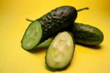 Ripe green cucumbers. Useful vegetables. Food for vegans