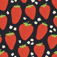 Cute seamless pattern with red strawberries. Natural summer print with berry, fresh fruits and flowers in hand drawn style. Colorful vector strawberry background.
