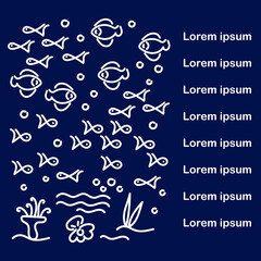 Marine vector pattern. Doodle Cute fish, seaweed and shell with a pearl. Outline style. It can be used for menus, price lists, invitations, poster and more.