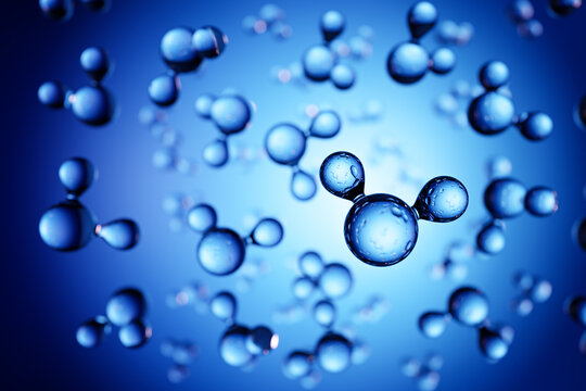 3d render: Models of H2O water molecules in front of blue background. Selective focus.