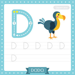 Fototapeta na wymiar Letter D uppercase tracing practice worksheet. Dodo bird