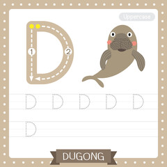Letter D uppercase tracing practice worksheet. Happy Dugong