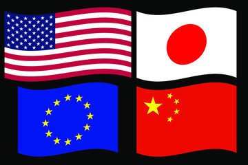Flag of the European Union, USA, China, Japan. American, European, Chinese, Japanese waving flags, vector stock illustration set.