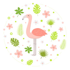 Fototapeta premium Pink Flamingo Floral background. Perfect for banner, flyer, card and more. Isolated. Vector.