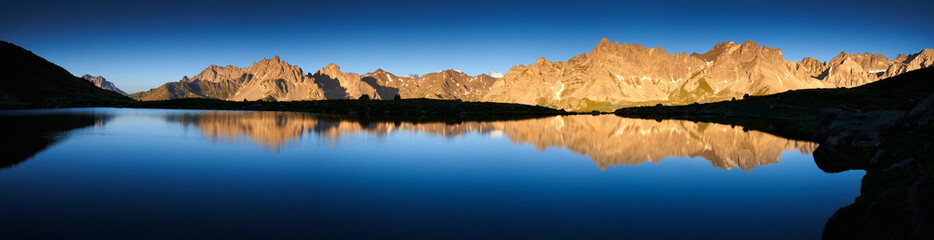 Laramon Lake at sunrise with panoramic view of the Cerces Massif. Claree Upper Valley, Nevache,...