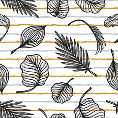 Fototapeta na wymiar Striped Tropical Pattern. Palm Tree Leaves Vector Seamless Pattern. Hand Drawn Doodle Sketch Tropical Leaf Wallpaper. Summer Floral Background