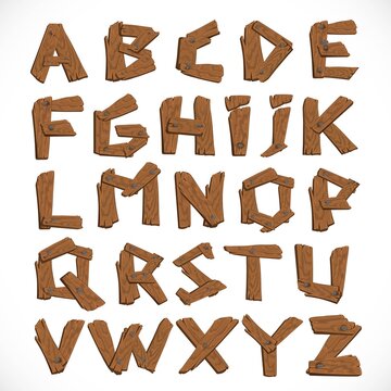Alphabet made of wooden letters isolated on white background