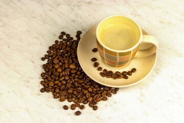 Coffee Cup and coffee beans. Close up