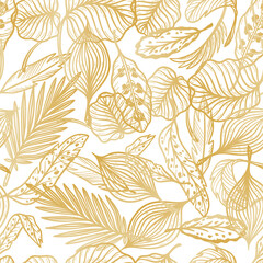 Golden Tropical Pattern. Palm Tree Leaves Vector Seamless Pattern. Hand Drawn Doodle Sketch Tropical Leaf Wallpaper. Summer Floral Background
